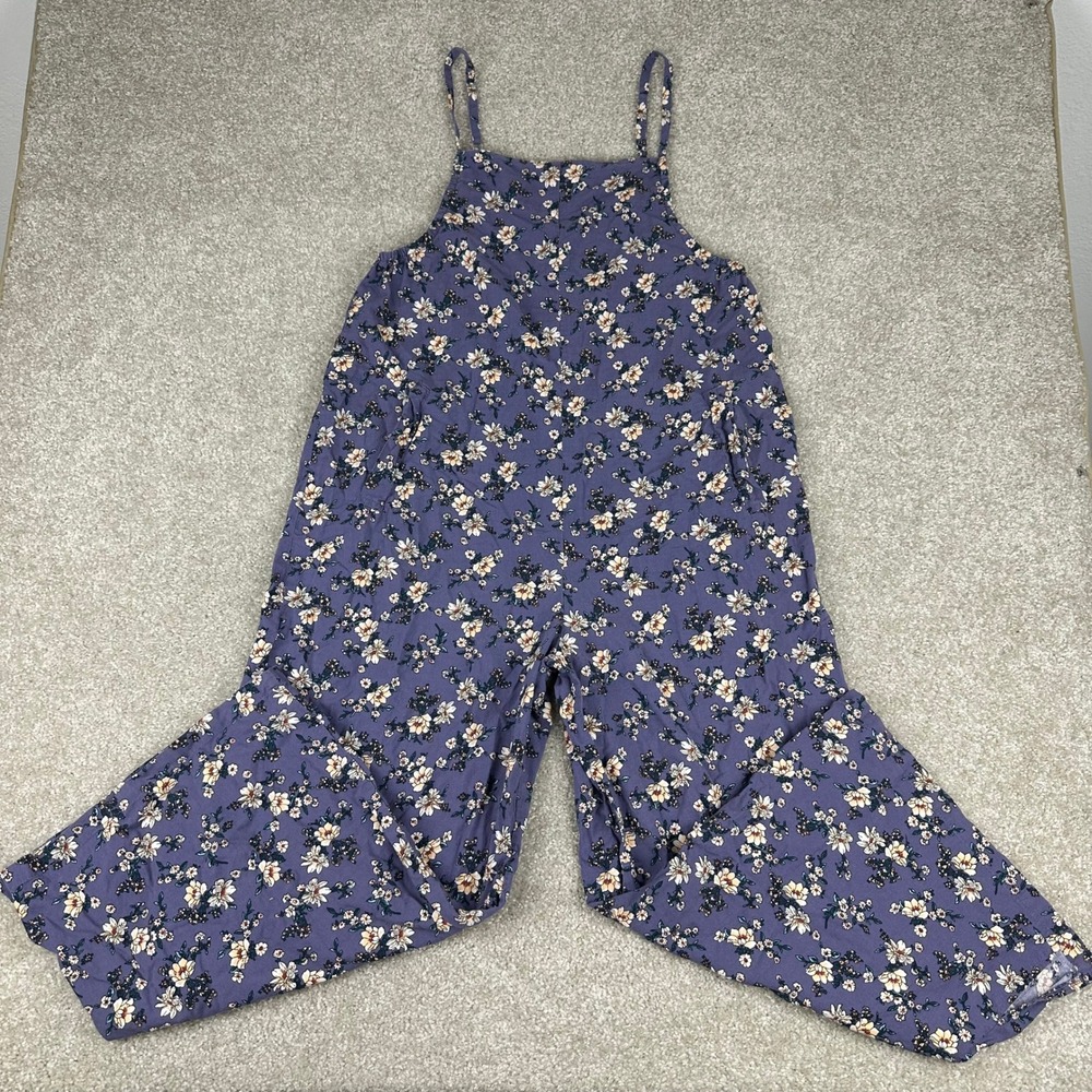 Purple Floral Wide Leg Cotton Jumpsuit Overalls Medium Boho Cottagecore Summer